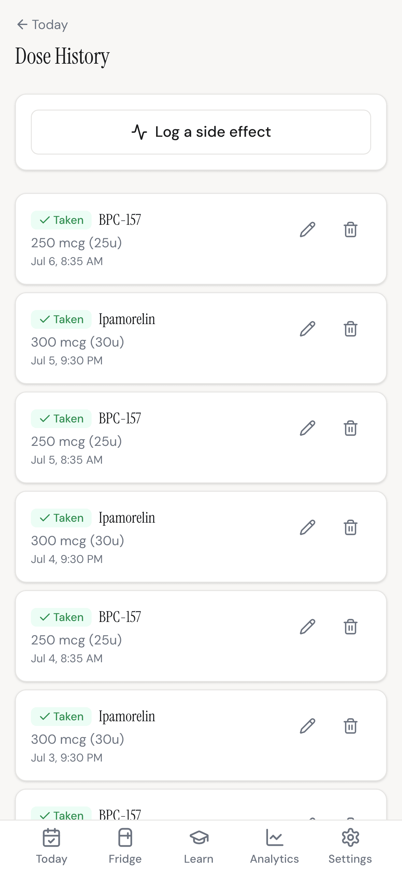 Peplo's dose history showing an inventory forecast for a multi-compound stack and a log of taken doses