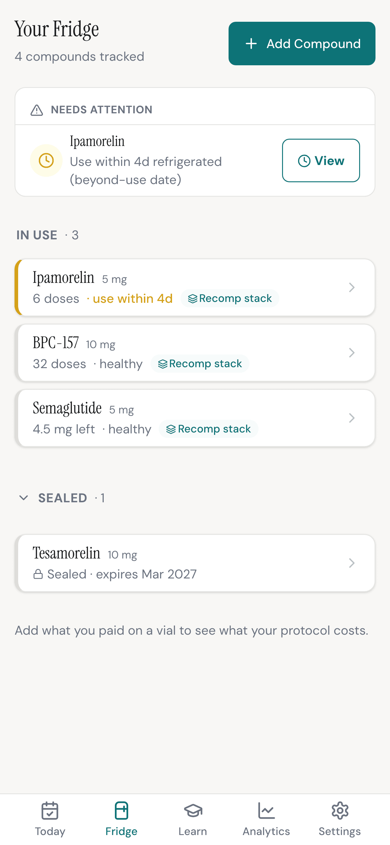 Peplo's Fridge inventory showing active and sealed vials with status and beyond-use dates